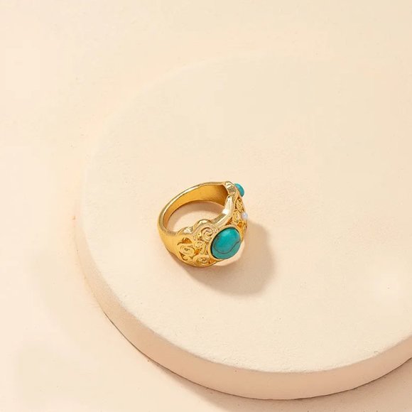 Western Baroque Gold Turquoise & Pearl Southwestern Statement Ring NEW - Picture 2 of 6